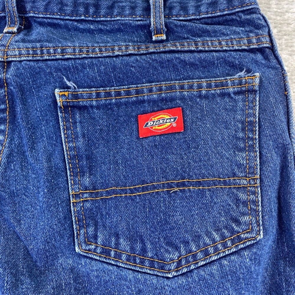 Dickies Mens Straight Leg Blue Denim Workwear Jeans 33x29 Distressed Hem - Picture 9 of 11